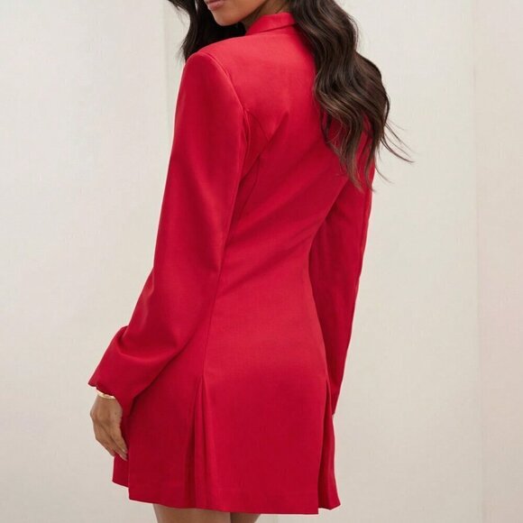 Red Elegant Women's Solid Color Lapel Long Sleeve Pleated Hem Blazer Mini Dress - Picture 2 of 5